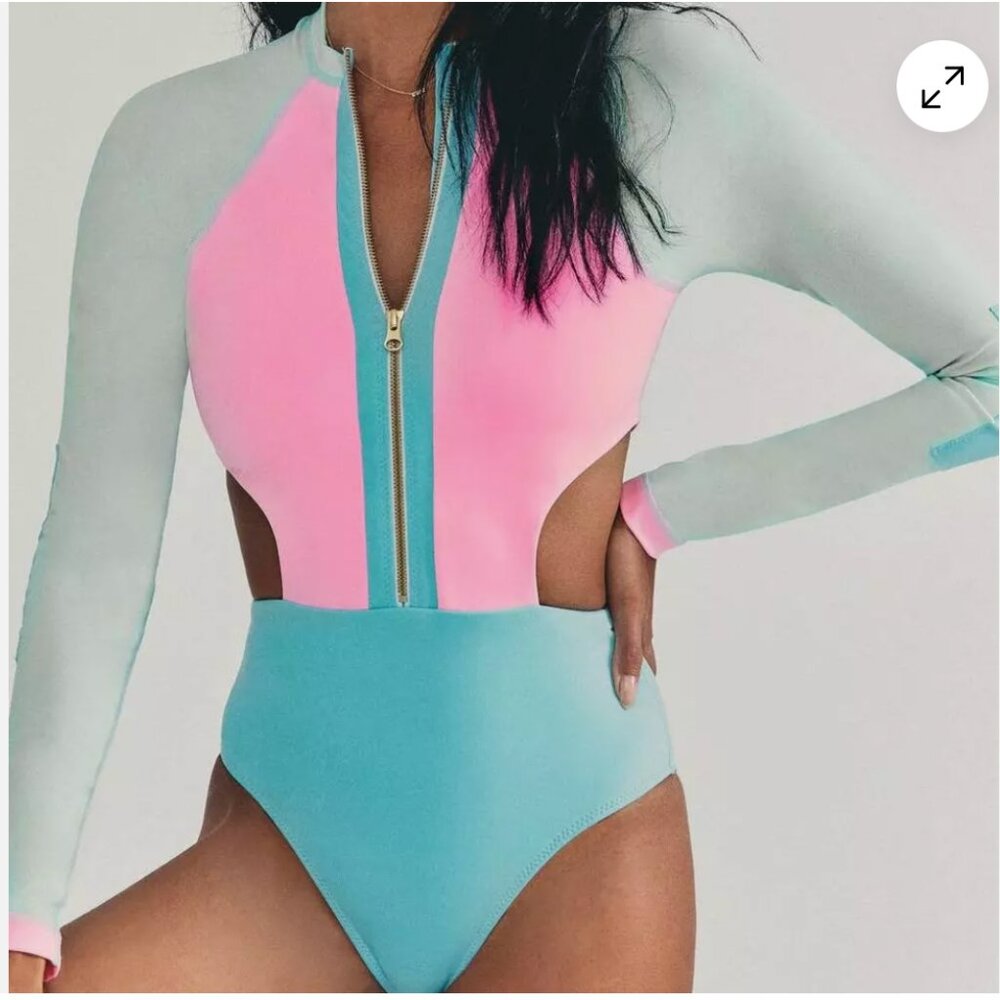 LoveShackFancy x Hurley Colorblock Long Sleeve Zip Cut Out One Piece Swimsuit XL